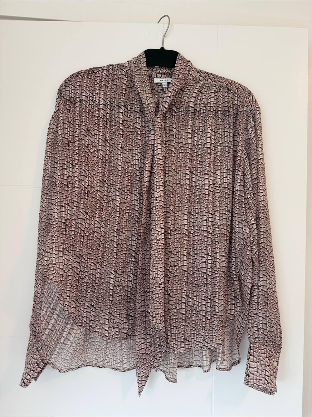 Reiss Pink and Black Printed Button-Front Blouse w/Metallic Thread & Tie